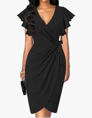 MinciLuxury Womens Deep V Neck Ruffle Sleeve Sheath Cocktail Party Work Faux Wra